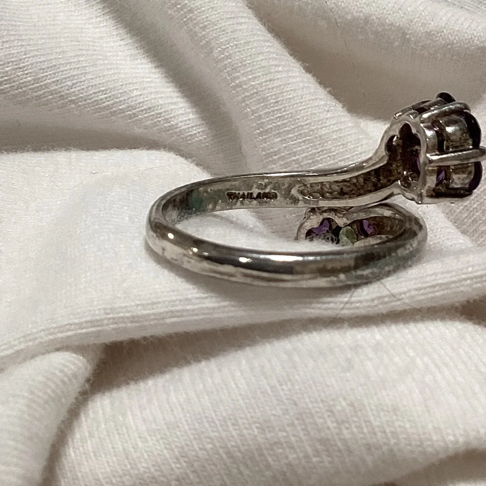 925 silver double flower Ring from Thailand💜💚vintage 70s